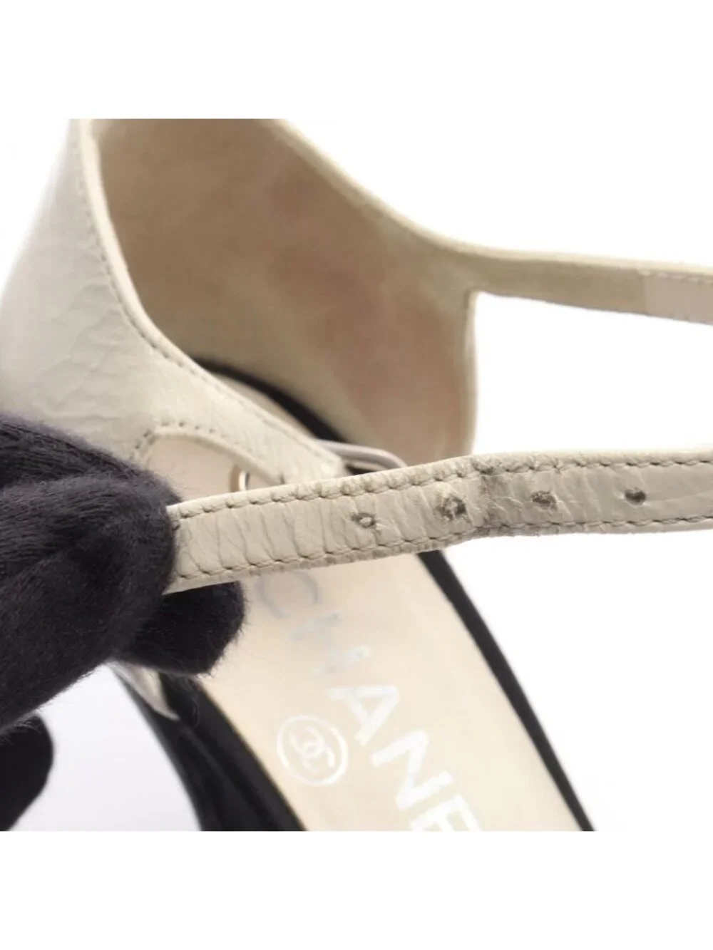 Chanel Pumps Pointed Toe Ribbon Leather Fabric Heel 36